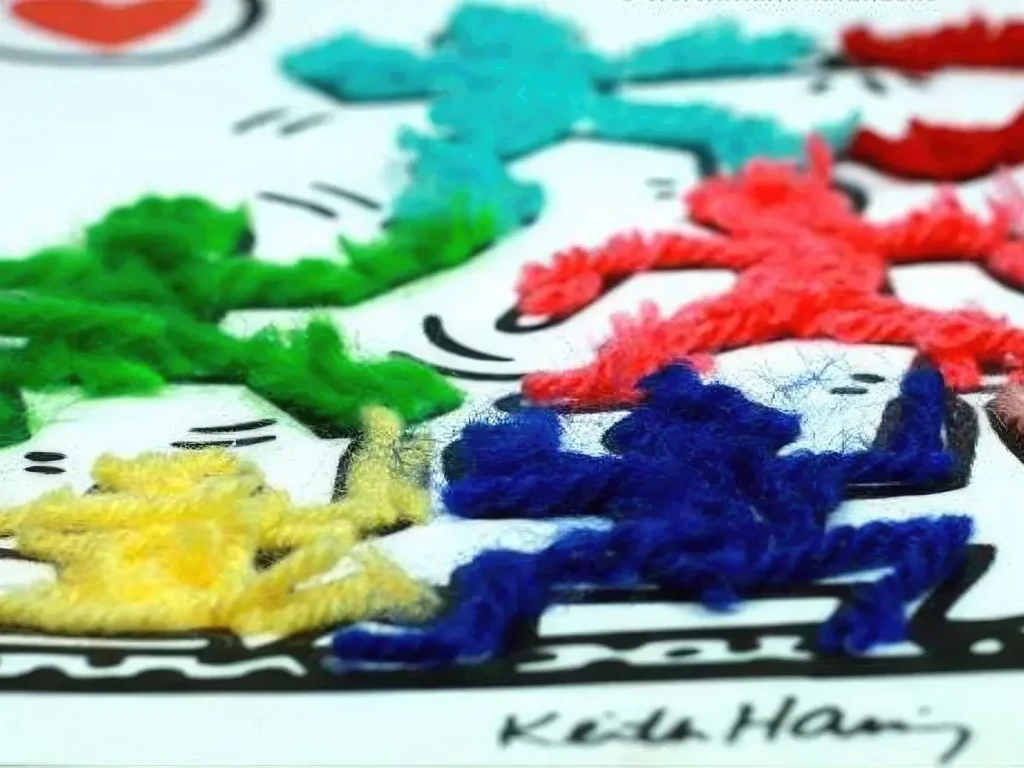 Collage Keith Haring con i fili di lana